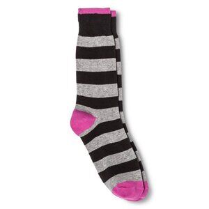 Merona Size 6-12 Crew Socks Rugby Bold Striped Black Gray Pink Accents NEW